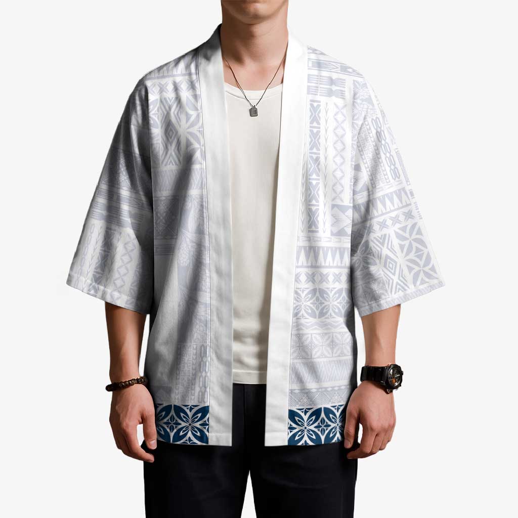 Samoa Siapo Blue Trimmed Kimono Samoa White Sunday - Polynesian Pride