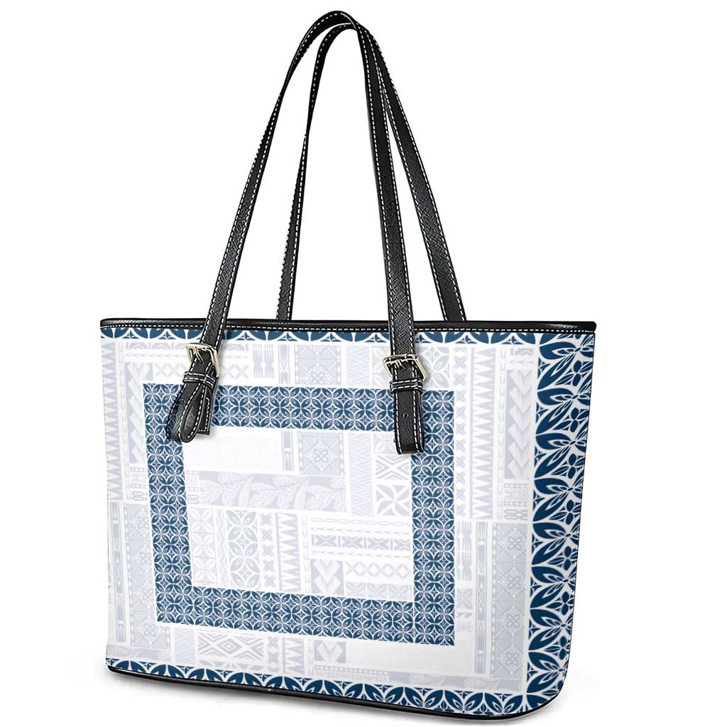 Samoa Siapo Blue Trimmed Leather Tote Bag Samoa White Sunday - Polynesian Pride