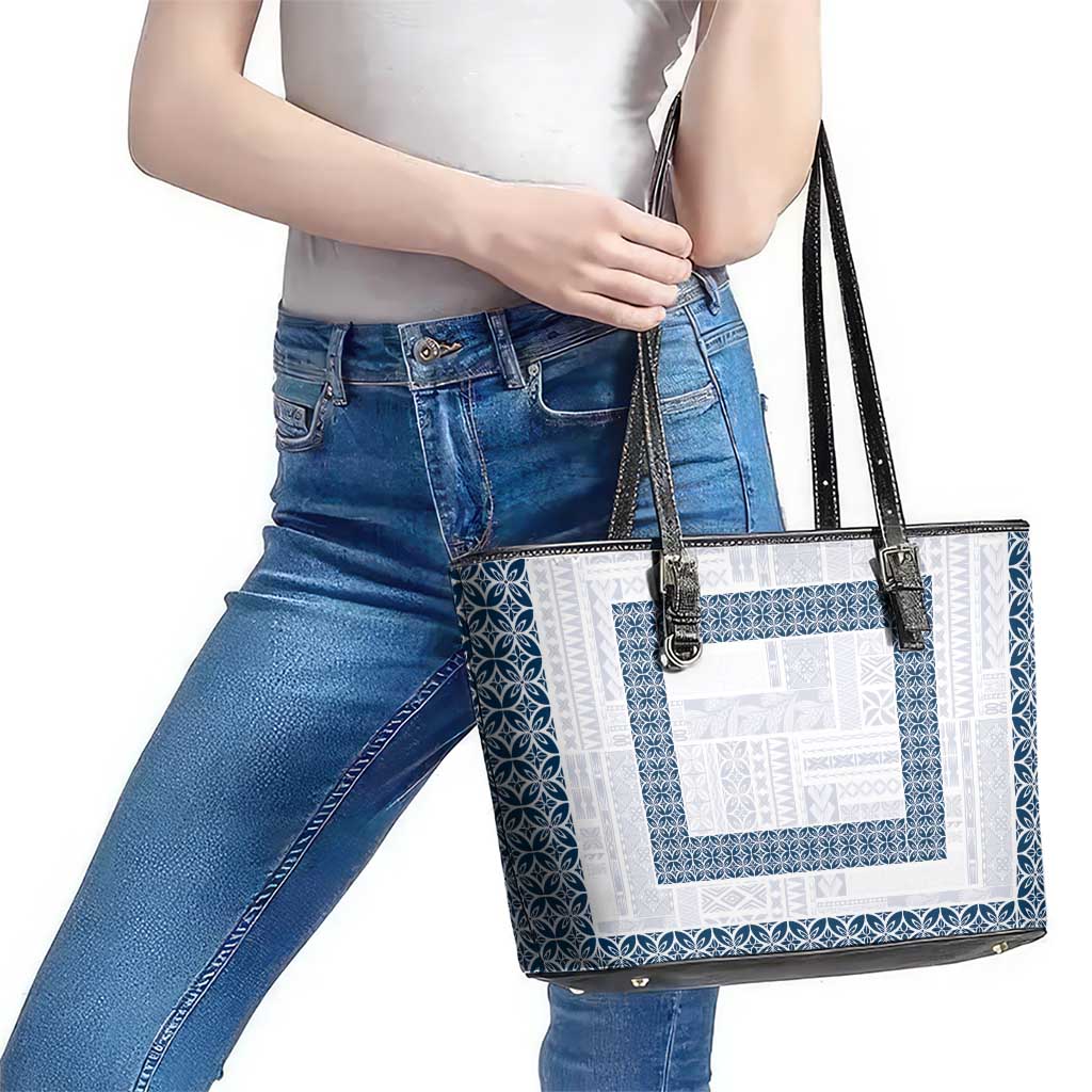 Samoa Siapo Blue Trimmed Leather Tote Bag Samoa White Sunday - Polynesian Pride