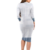 Samoa Siapo Blue Trimmed Long Sleeve Bodycon Dress Samoa White Sunday - Polynesian Pride