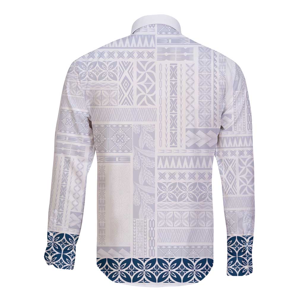 Samoa Siapo Blue Trimmed Long Sleeve Button Shirt Samoa White Sunday - Polynesian Pride