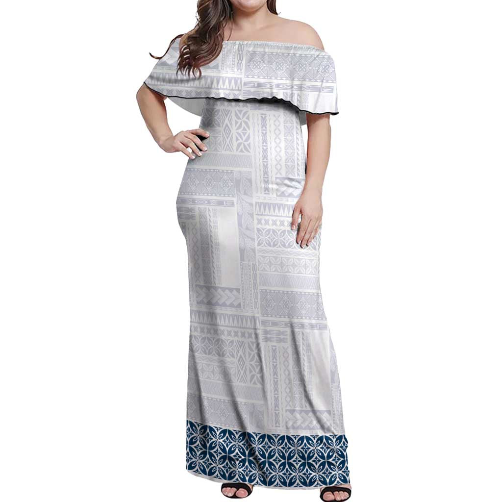 Samoa Siapo Blue Trimmed Off Shoulder Maxi Dress Samoa White Sunday - Polynesian Pride