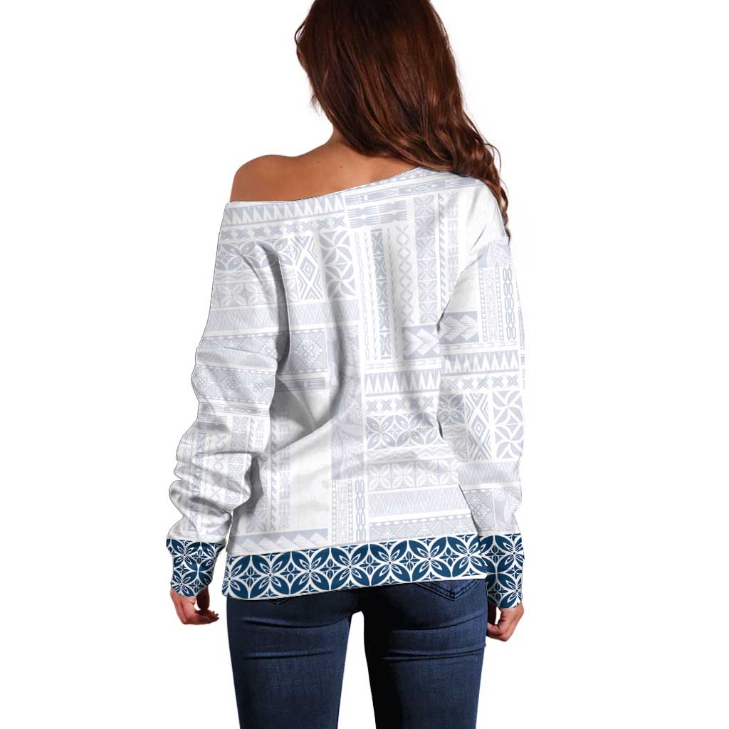 Samoa Siapo Blue Trimmed Off Shoulder Sweater Samoa White Sunday - Polynesian Pride