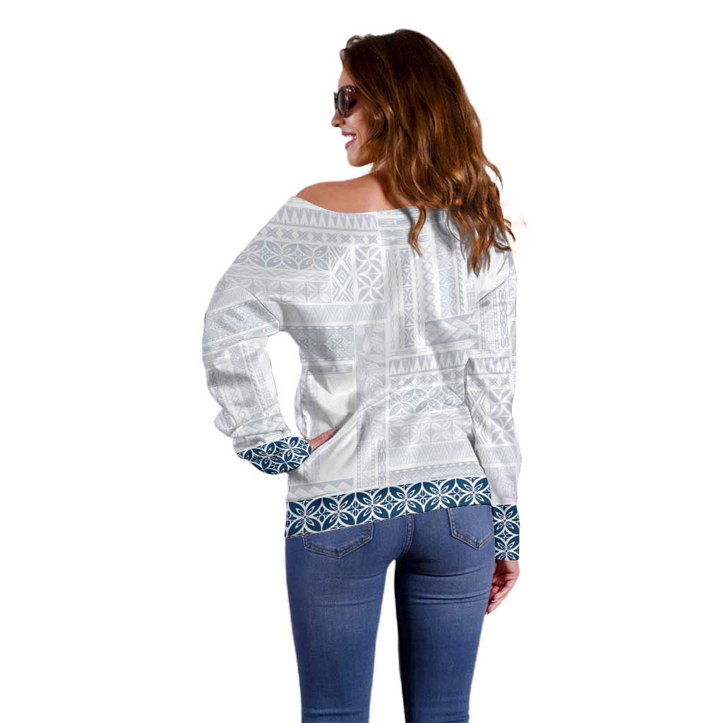 Samoa Siapo Blue Trimmed Off Shoulder Sweater Samoa White Sunday - Polynesian Pride