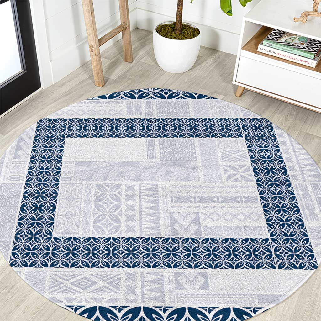 Samoa Siapo Blue Trimmed Round Carpet Samoa White Sunday - Polynesian Pride
