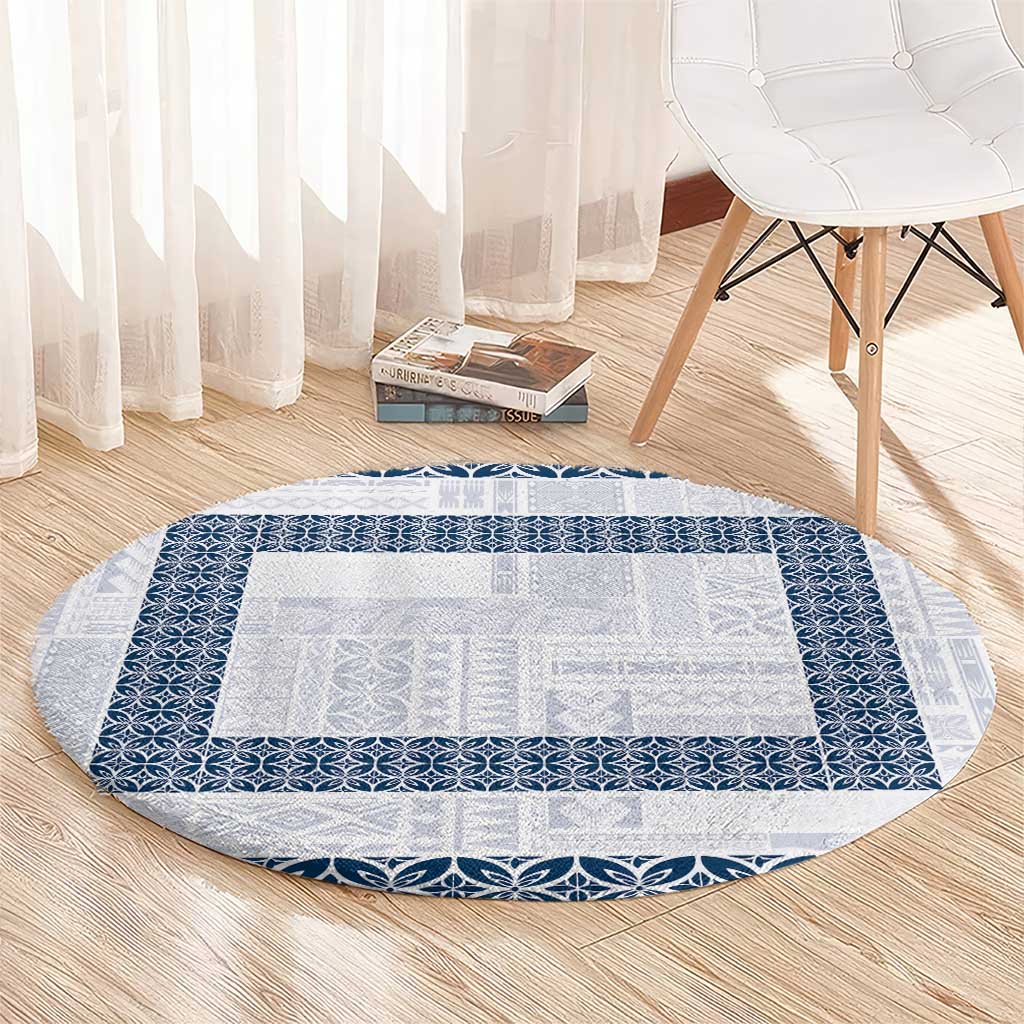 Samoa Siapo Blue Trimmed Round Carpet Samoa White Sunday - Polynesian Pride