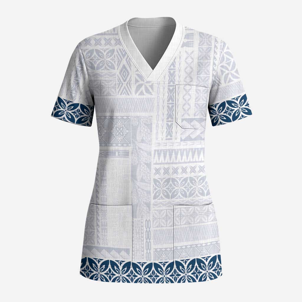 Samoa Siapo Blue Trimmed Scrub Top Samoa White Sunday - Polynesian Pride