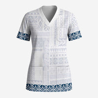 Samoa Siapo Blue Trimmed Scrub Top Samoa White Sunday - Polynesian Pride