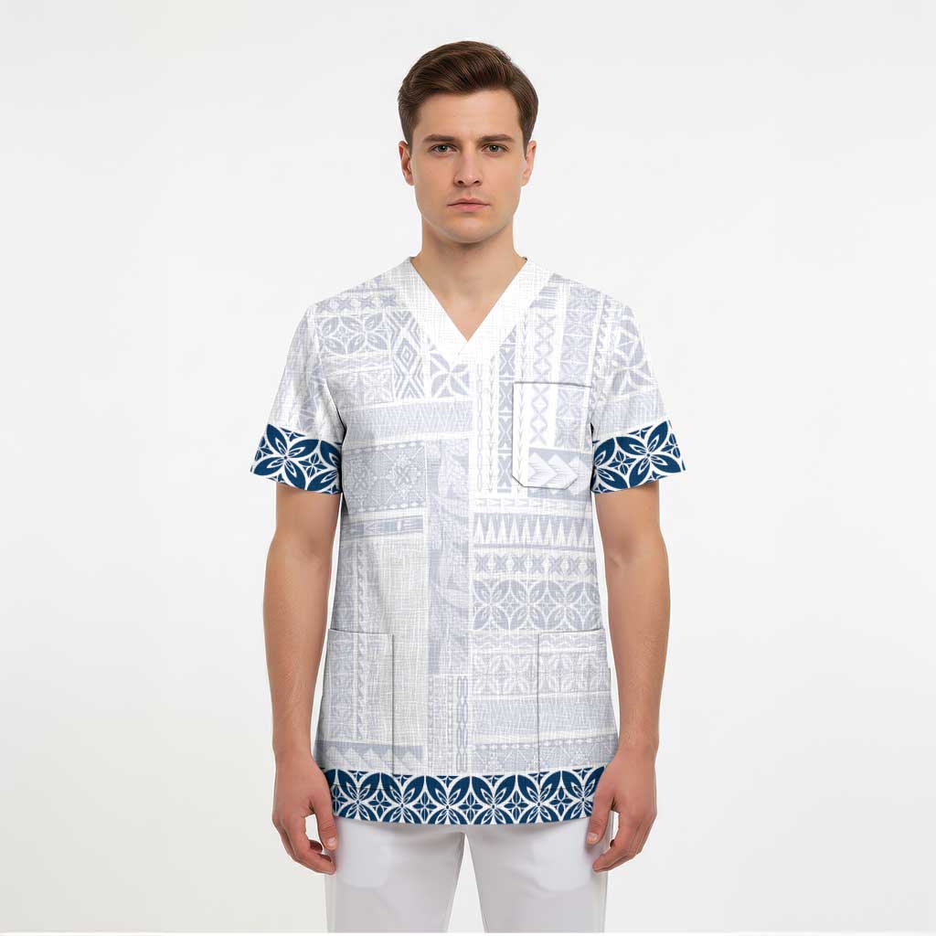 Samoa Siapo Blue Trimmed Scrub Top Samoa White Sunday - Polynesian Pride