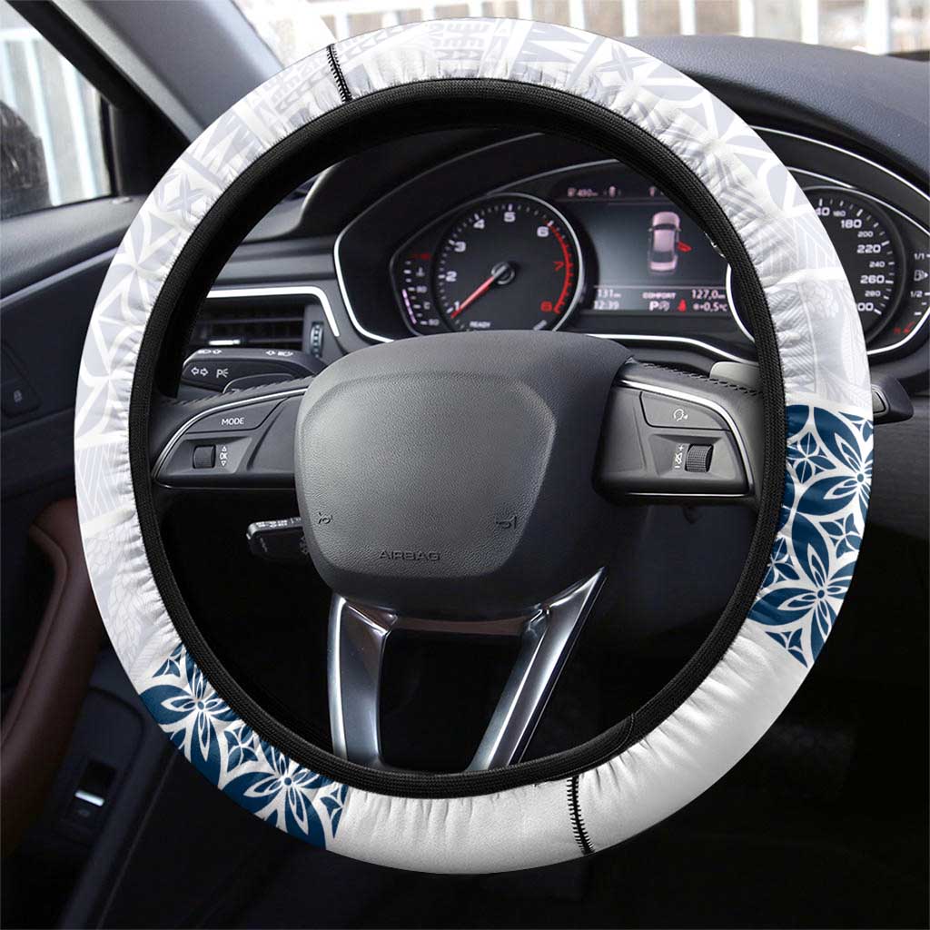 Samoa Siapo Blue Trimmed Steering Wheel Cover Samoa White Sunday - Polynesian Pride