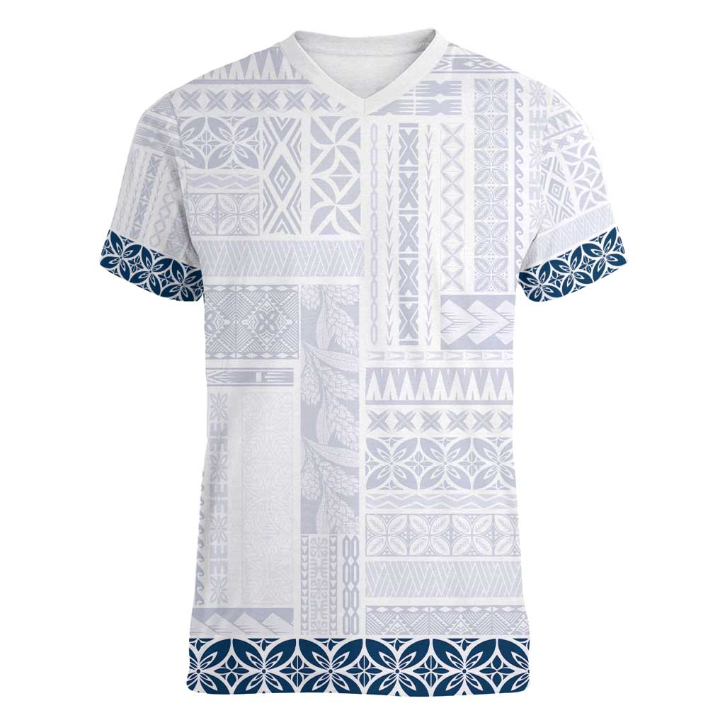 Samoa Siapo Blue Trimmed Women V-Neck T-Shirt Samoa White Sunday - Polynesian Pride