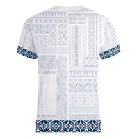 Samoa Siapo Blue Trimmed Women V-Neck T-Shirt Samoa White Sunday - Polynesian Pride