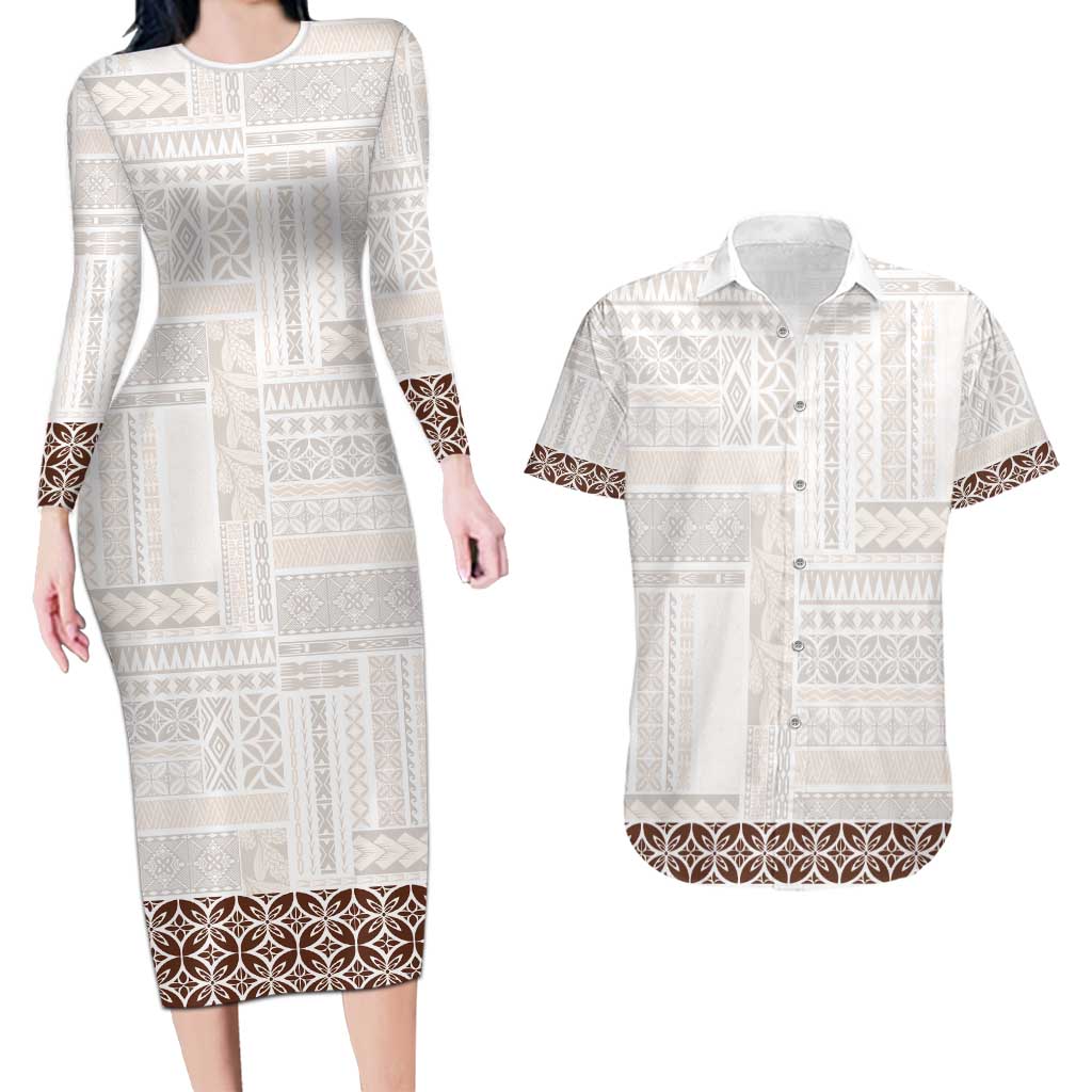 Samoa Siapo Brown Trimmed Couples Matching Long Sleeve Bodycon Dress and Hawaiian Shirt Samoa White Sunday - Polynesian Pride