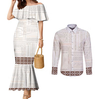 Samoa Siapo Brown Trimmed Couples Matching Mermaid Dress and Long Sleeve Button Shirt Samoa White Sunday - Polynesian Pride