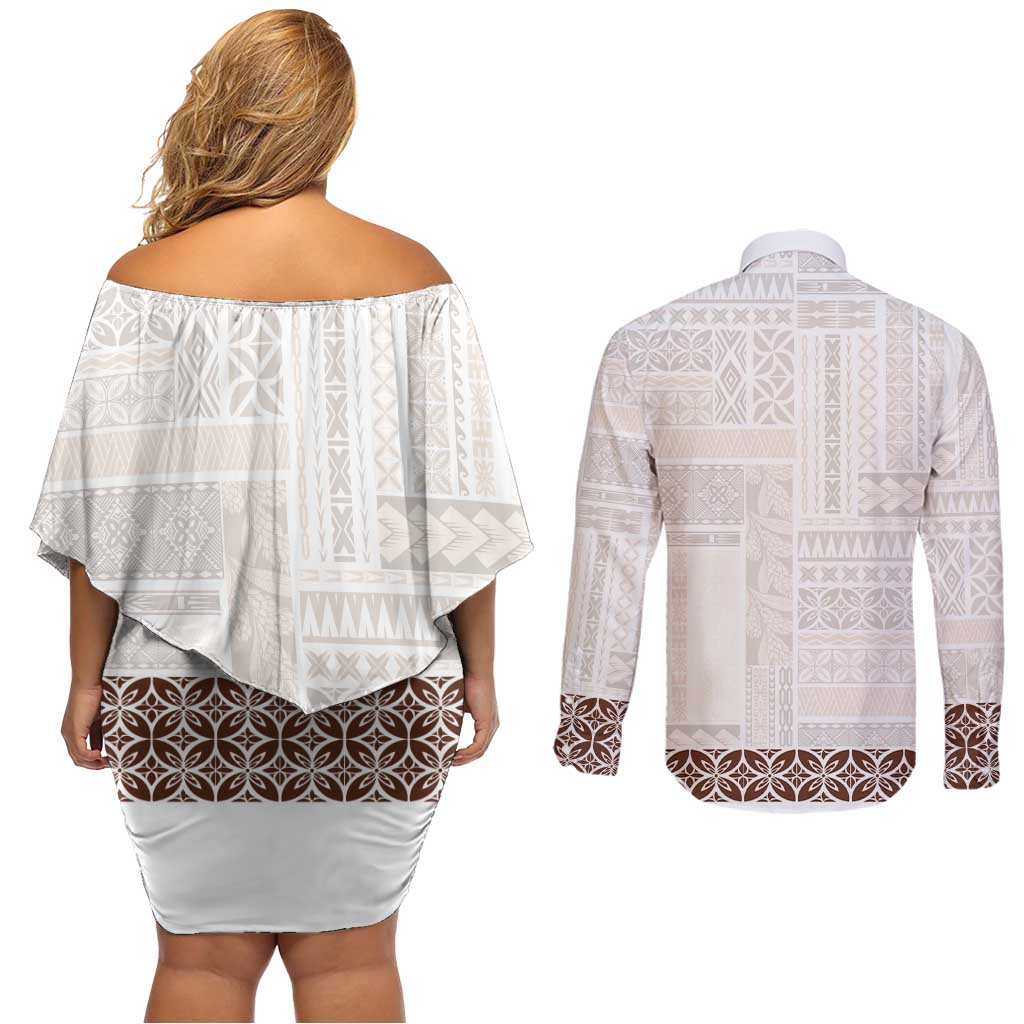 Samoa Siapo Brown Trimmed Couples Matching Off Shoulder Short Dress and Long Sleeve Button Shirt Samoa White Sunday - Polynesian Pride