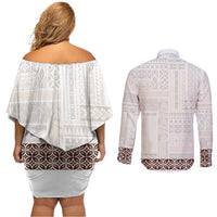 Samoa Siapo Brown Trimmed Couples Matching Off Shoulder Short Dress and Long Sleeve Button Shirt Samoa White Sunday - Polynesian Pride