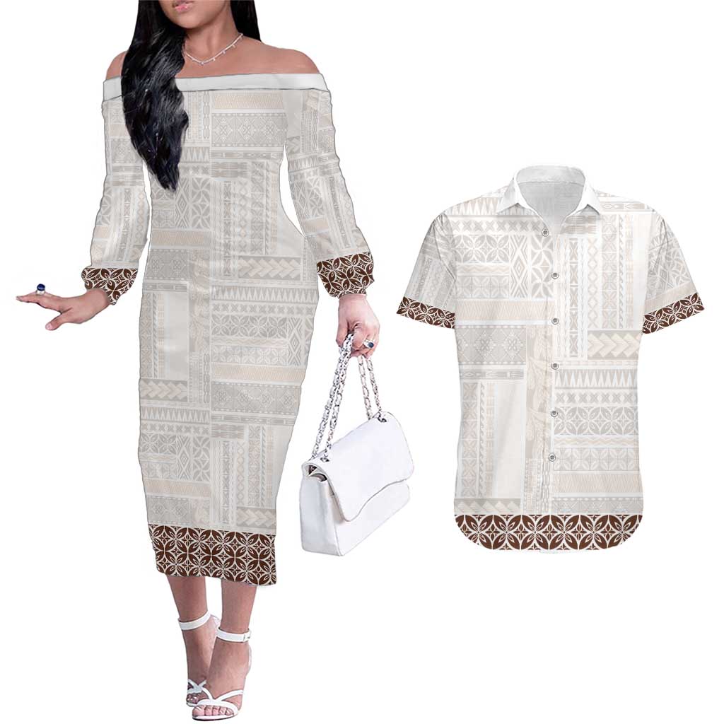 Samoa Siapo Brown Trimmed Couples Matching Off The Shoulder Long Sleeve Dress and Hawaiian Shirt Samoa White Sunday - Polynesian Pride
