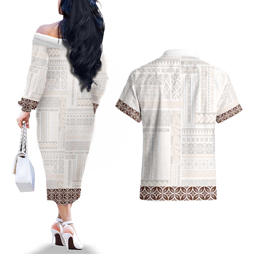 Samoa Siapo Brown Trimmed Couples Matching Off The Shoulder Long Sleeve Dress and Hawaiian Shirt Samoa White Sunday - Polynesian Pride