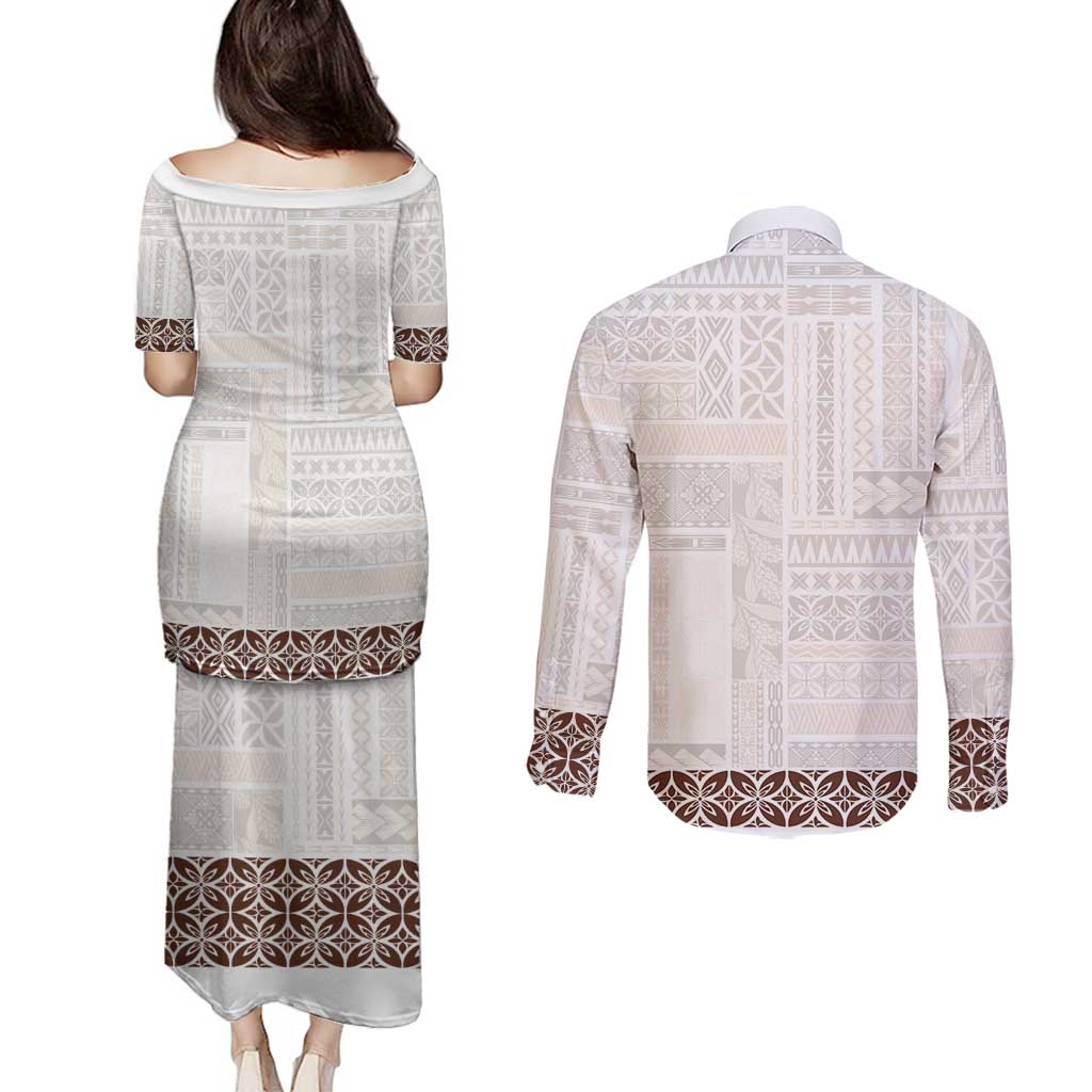 Samoa Siapo Brown Trimmed Couples Matching Puletasi and Long Sleeve Button Shirt Samoa White Sunday - Polynesian Pride