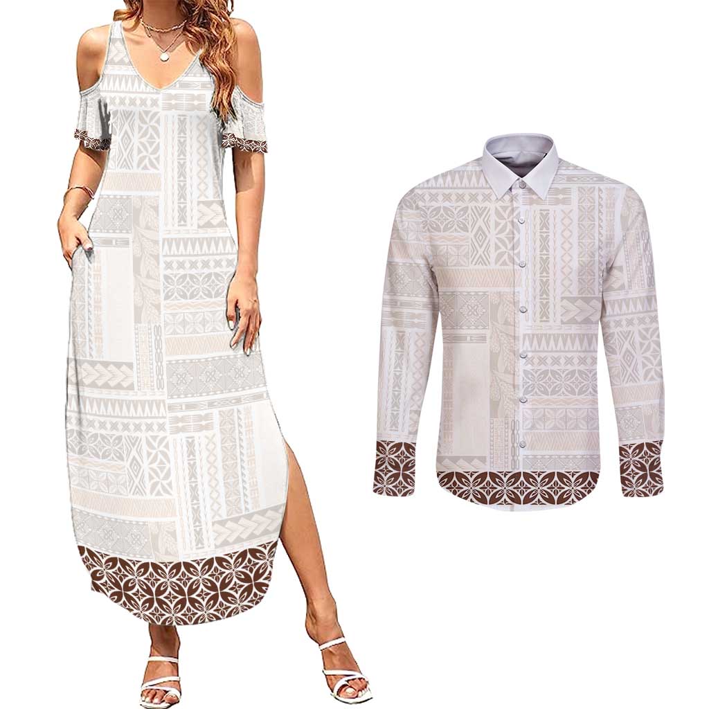 Samoa Siapo Brown Trimmed Couples Matching Summer Maxi Dress and Long Sleeve Button Shirt Samoa White Sunday - Polynesian Pride
