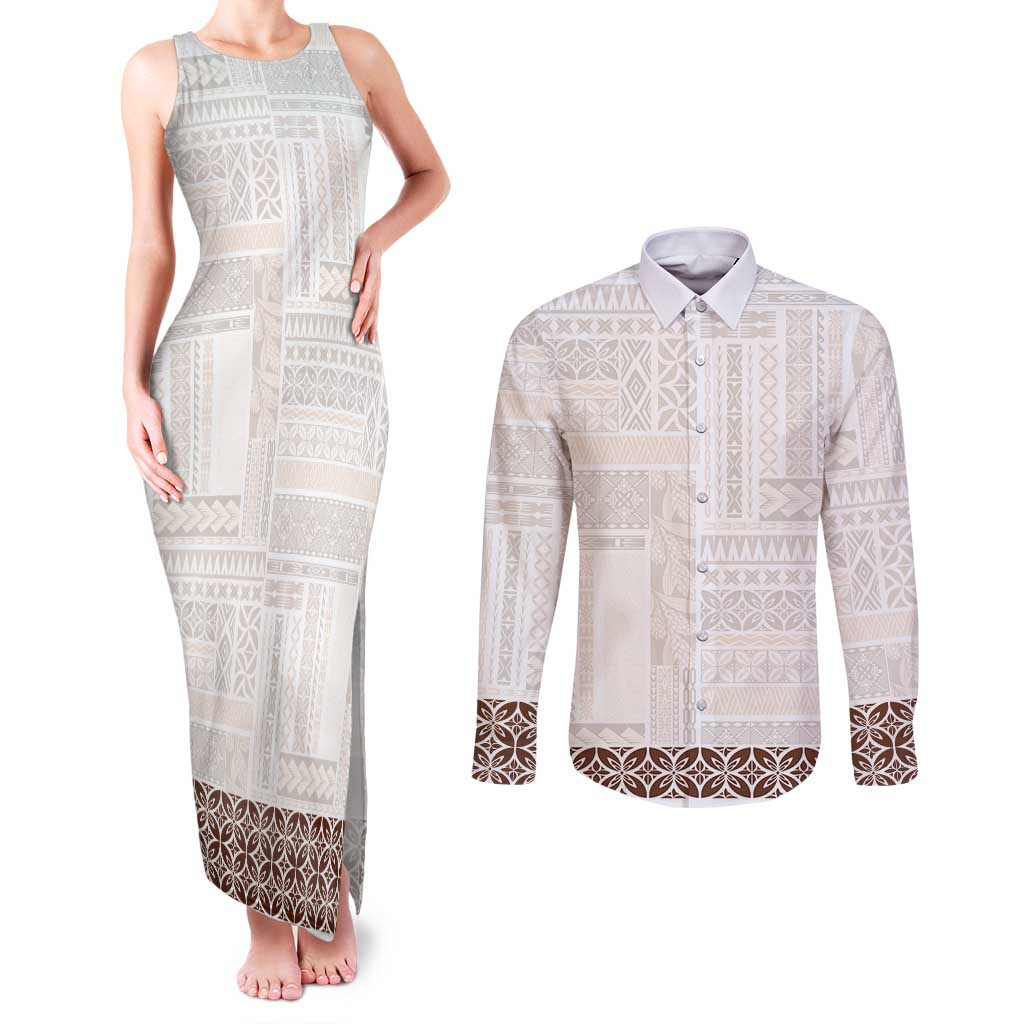 Samoa Siapo Brown Trimmed Couples Matching Tank Maxi Dress and Long Sleeve Button Shirt Samoa White Sunday - Polynesian Pride