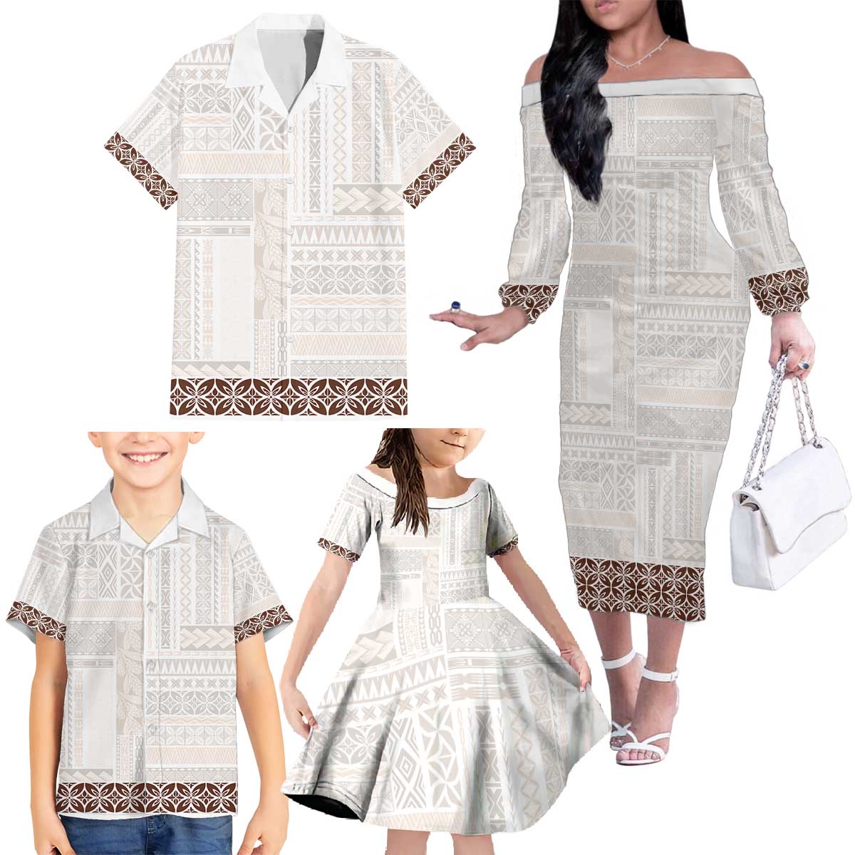 Samoa Siapo Brown Trimmed Family Matching Off The Shoulder Long Sleeve Dress and Hawaiian Shirt Samoa White Sunday - Polynesian Pride