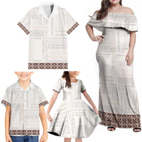 Samoa Siapo Brown Trimmed Family Matching Off Shoulder Maxi Dress and Hawaiian Shirt Samoa White Sunday - Polynesian Pride