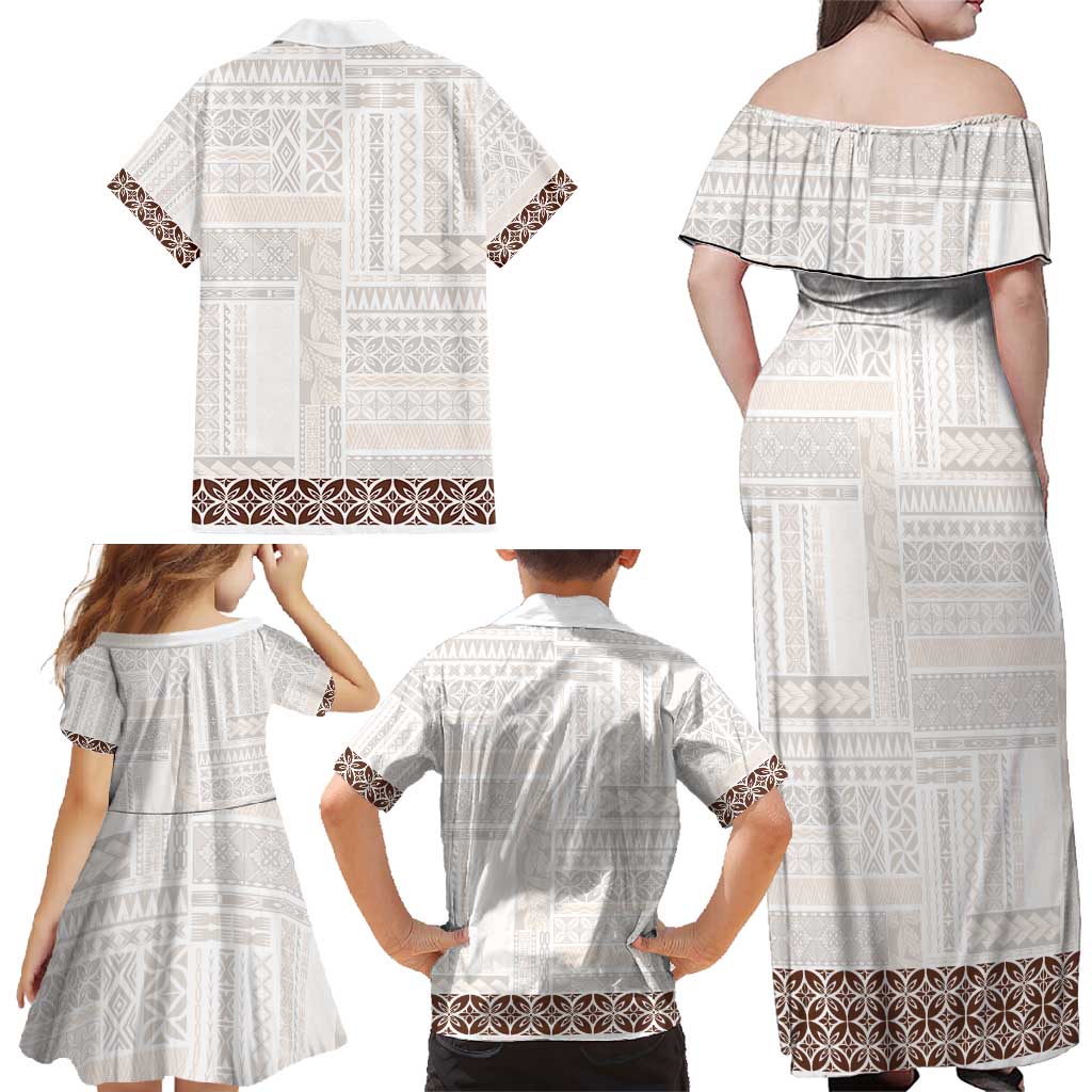 Samoa Siapo Brown Trimmed Family Matching Off Shoulder Maxi Dress and Hawaiian Shirt Samoa White Sunday - Polynesian Pride