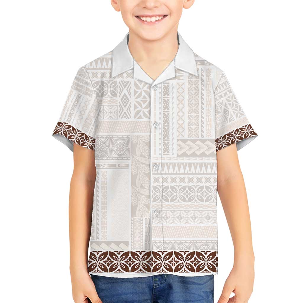 Samoa Siapo Brown Trimmed Family Matching Off Shoulder Short Dress and Hawaiian Shirt Samoa White Sunday - Polynesian Pride
