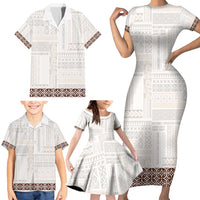 Samoa Siapo Brown Trimmed Family Matching Short Sleeve Bodycon Dress and Hawaiian Shirt Samoa White Sunday - Polynesian Pride