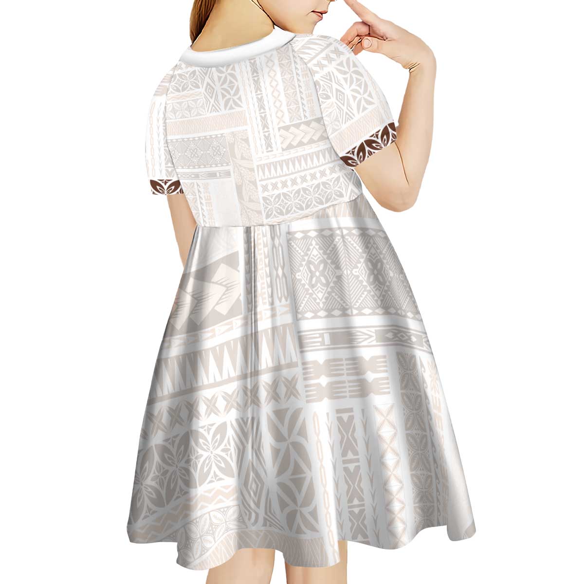 Samoa Siapo Brown Trimmed Kid Short Sleeve Dress Samoa White Sunday - Polynesian Pride