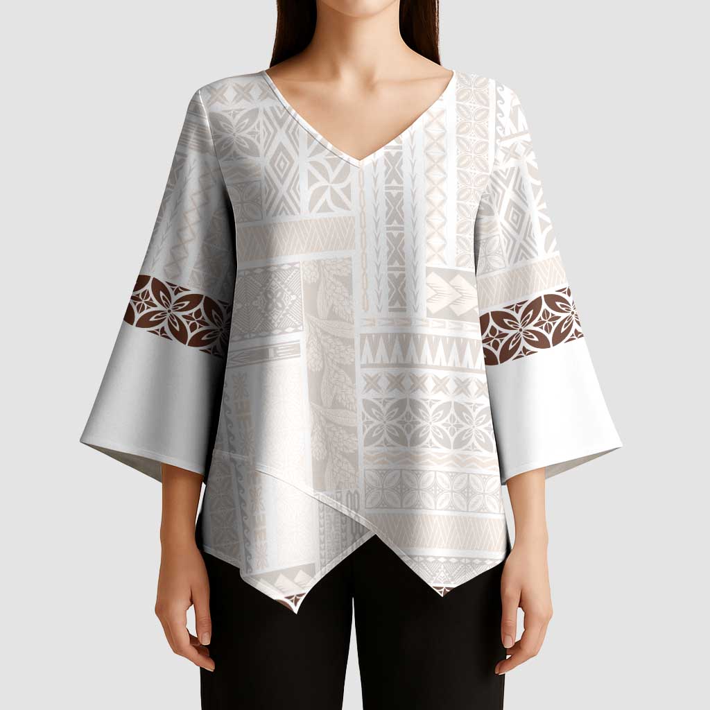 Samoa Siapo Brown Trimmed Kimono Sleeve Blouse Samoa White Sunday - Polynesian Pride