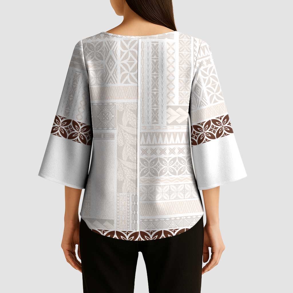 Samoa Siapo Brown Trimmed Kimono Sleeve Blouse Samoa White Sunday - Polynesian Pride