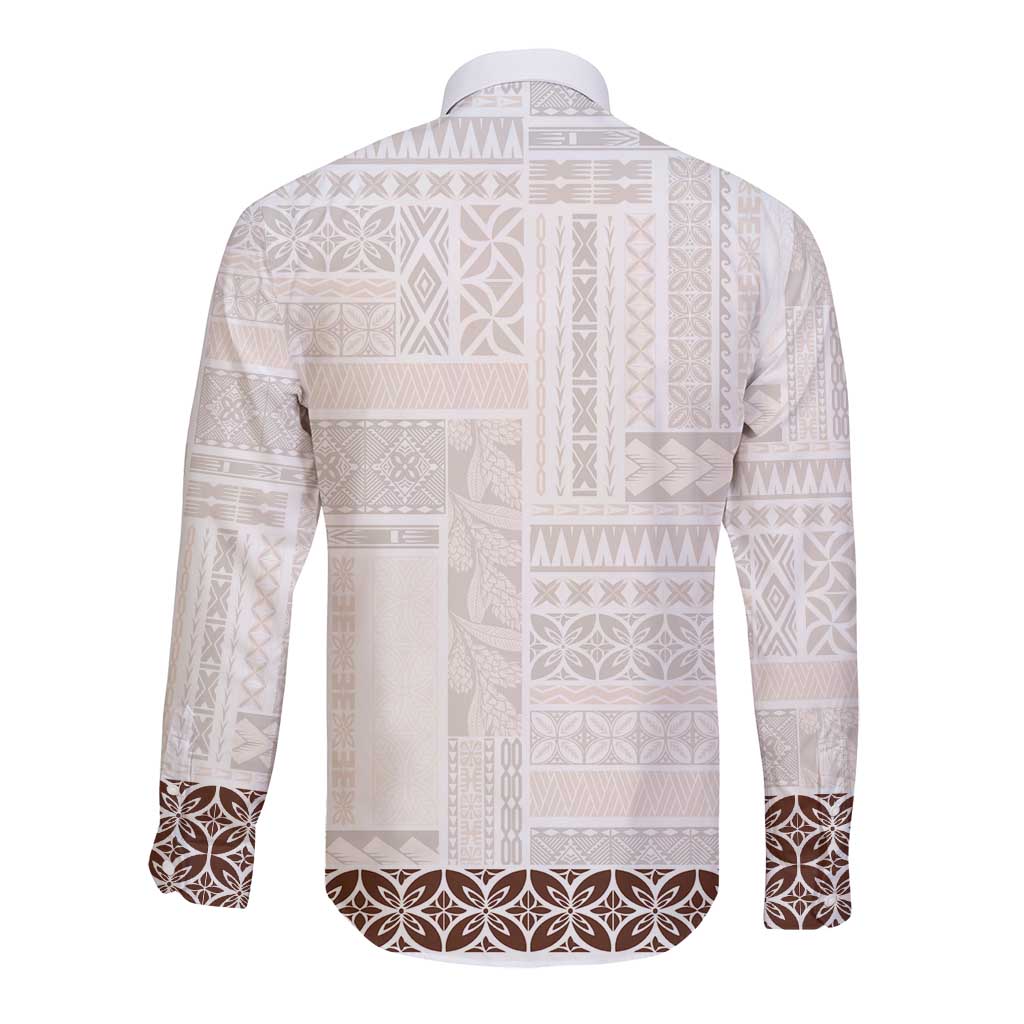 Samoa Siapo Brown Trimmed Long Sleeve Button Shirt Samoa White Sunday - Polynesian Pride