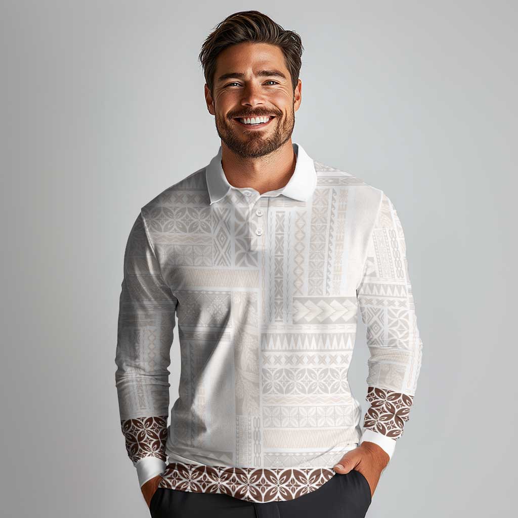 Samoa Siapo Brown Trimmed Long Sleeve Polo Shirt Samoa White Sunday - Polynesian Pride