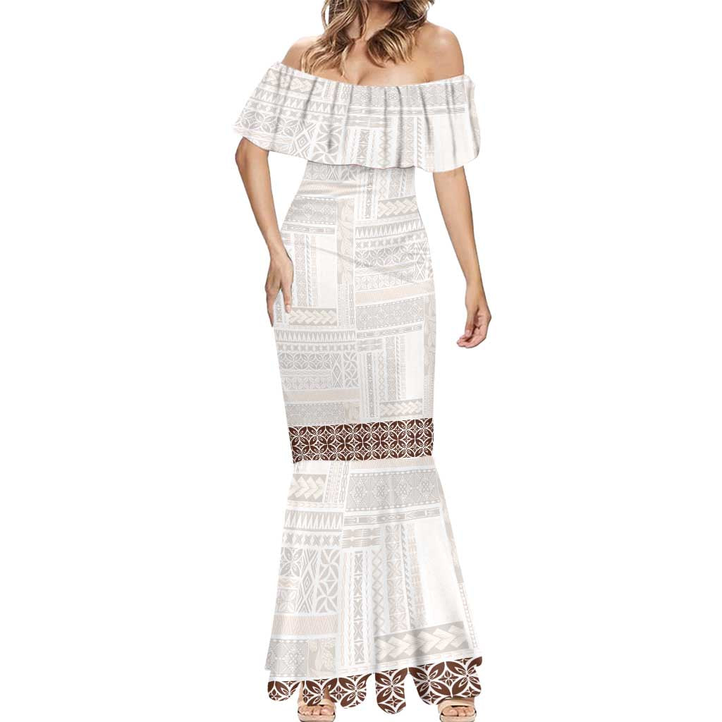 Samoa Siapo Brown Trimmed Mermaid Dress Samoa White Sunday - Polynesian Pride