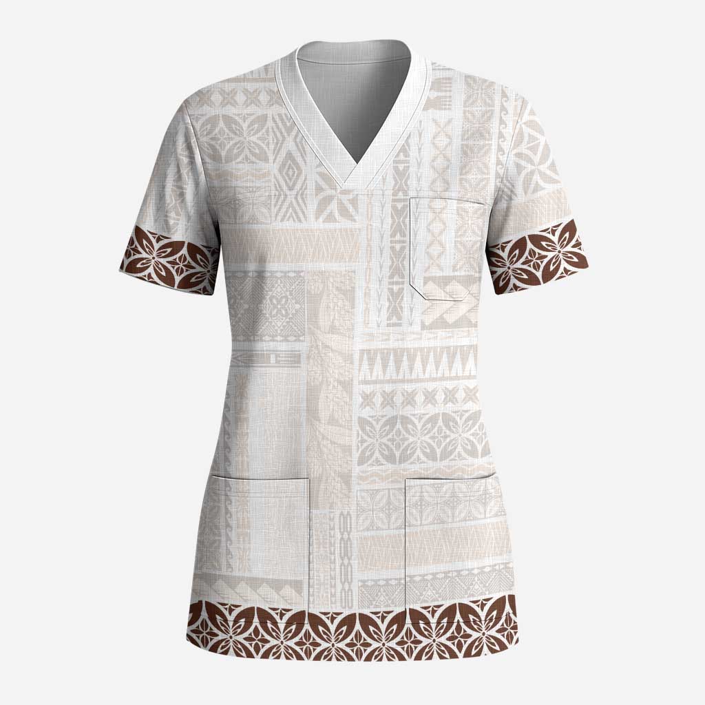 Samoa Siapo Brown Trimmed Scrub Top Samoa White Sunday - Polynesian Pride