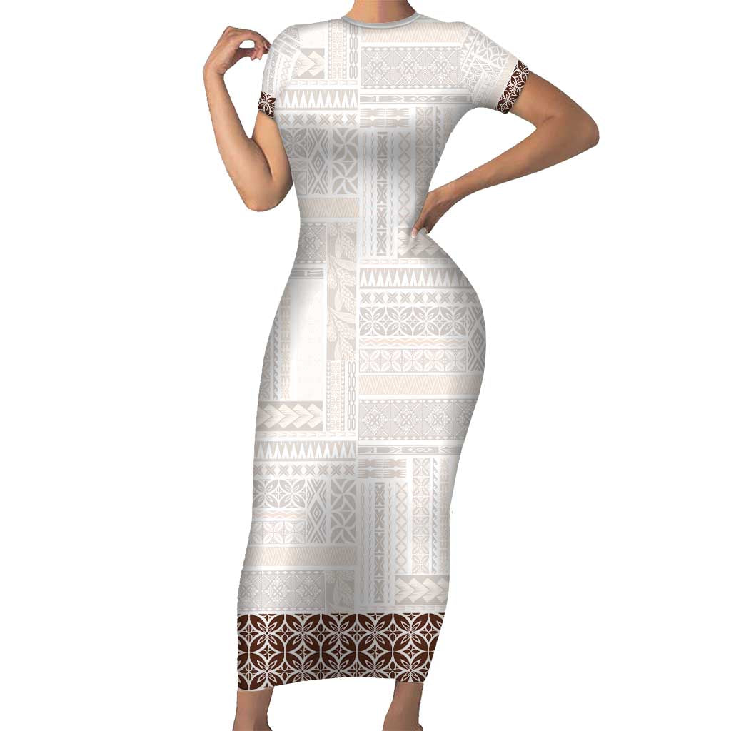 Samoa Siapo Brown Trimmed Short Sleeve Bodycon Dress Samoa White Sunday - Polynesian Pride