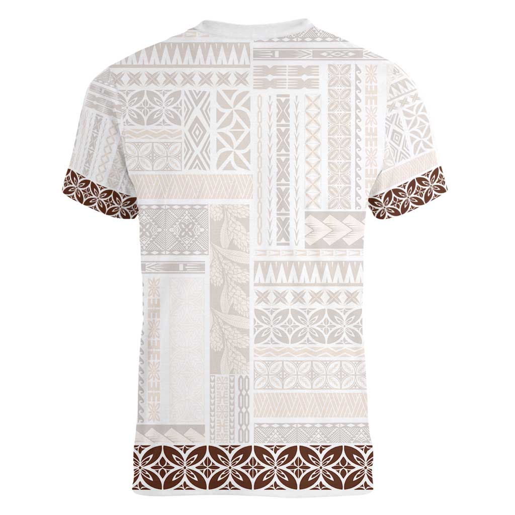 Samoa Siapo Brown Trimmed Women V-Neck T-Shirt Samoa White Sunday - Polynesian Pride