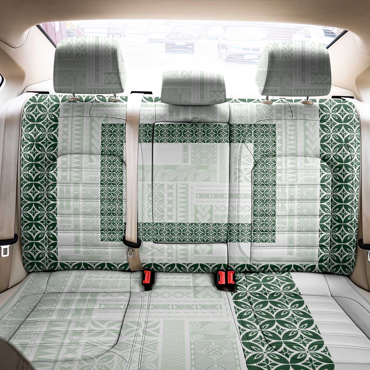 Samoa Siapo Green Trimmed Back Car Seat Cover Samoa White Sunday - Polynesian Pride