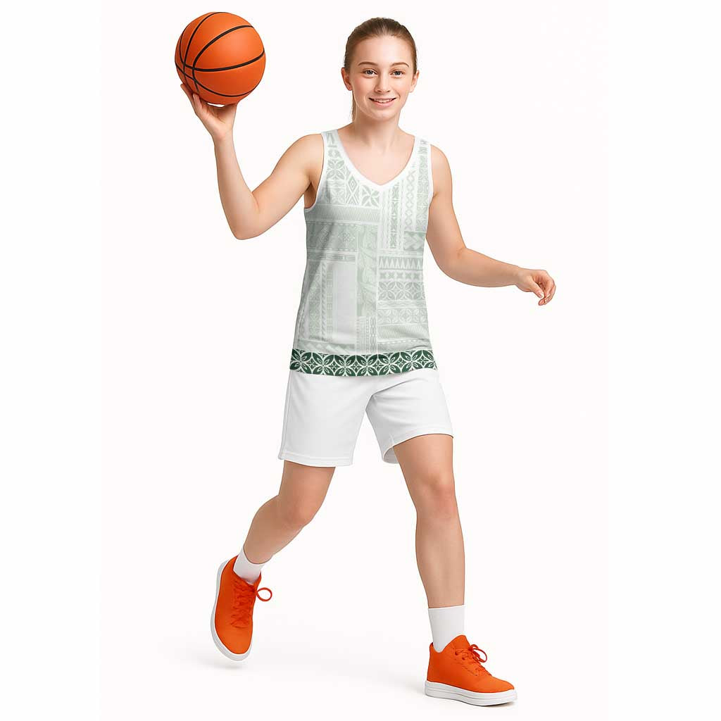 Samoa Siapo Green Trimmed Basketball Jersey Samoa White Sunday - Polynesian Pride