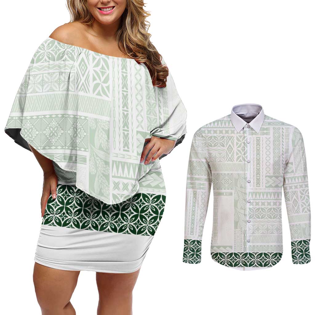 Samoa Siapo Green Trimmed Couples Matching Off Shoulder Short Dress and Long Sleeve Button Shirt Samoa White Sunday - Polynesian Pride