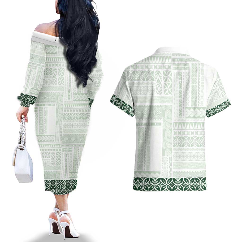 Samoa Siapo Green Trimmed Couples Matching Off The Shoulder Long Sleeve Dress and Hawaiian Shirt Samoa White Sunday - Polynesian Pride