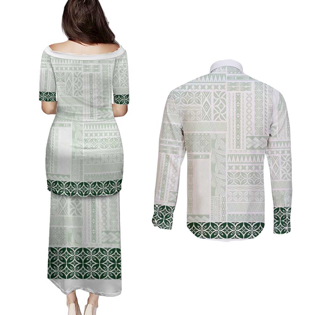 Samoa Siapo Green Trimmed Couples Matching Puletasi and Long Sleeve Button Shirt Samoa White Sunday - Polynesian Pride