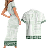 Samoa Siapo Green Trimmed Couples Matching Short Sleeve Bodycon Dress and Hawaiian Shirt Samoa White Sunday - Polynesian Pride