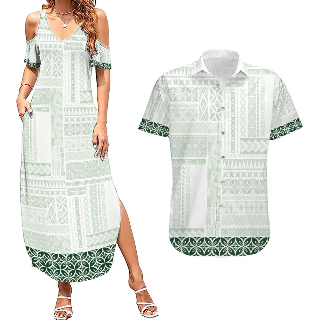 Samoa Siapo Green Trimmed Couples Matching Summer Maxi Dress and Hawaiian Shirt Samoa White Sunday - Polynesian Pride