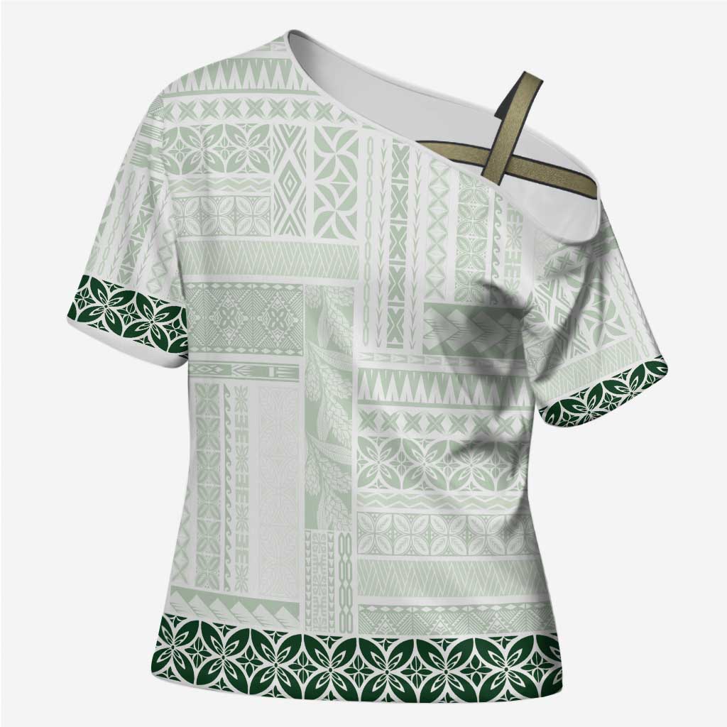Samoa Siapo Green Trimmed Cross Shoulder Shirt Samoa White Sunday - Polynesian Pride