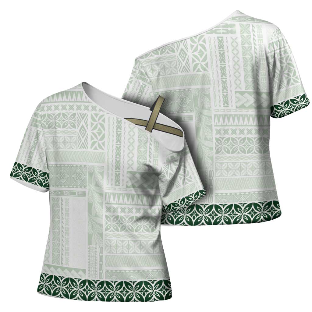 Samoa Siapo Green Trimmed Cross Shoulder Shirt Samoa White Sunday - Polynesian Pride