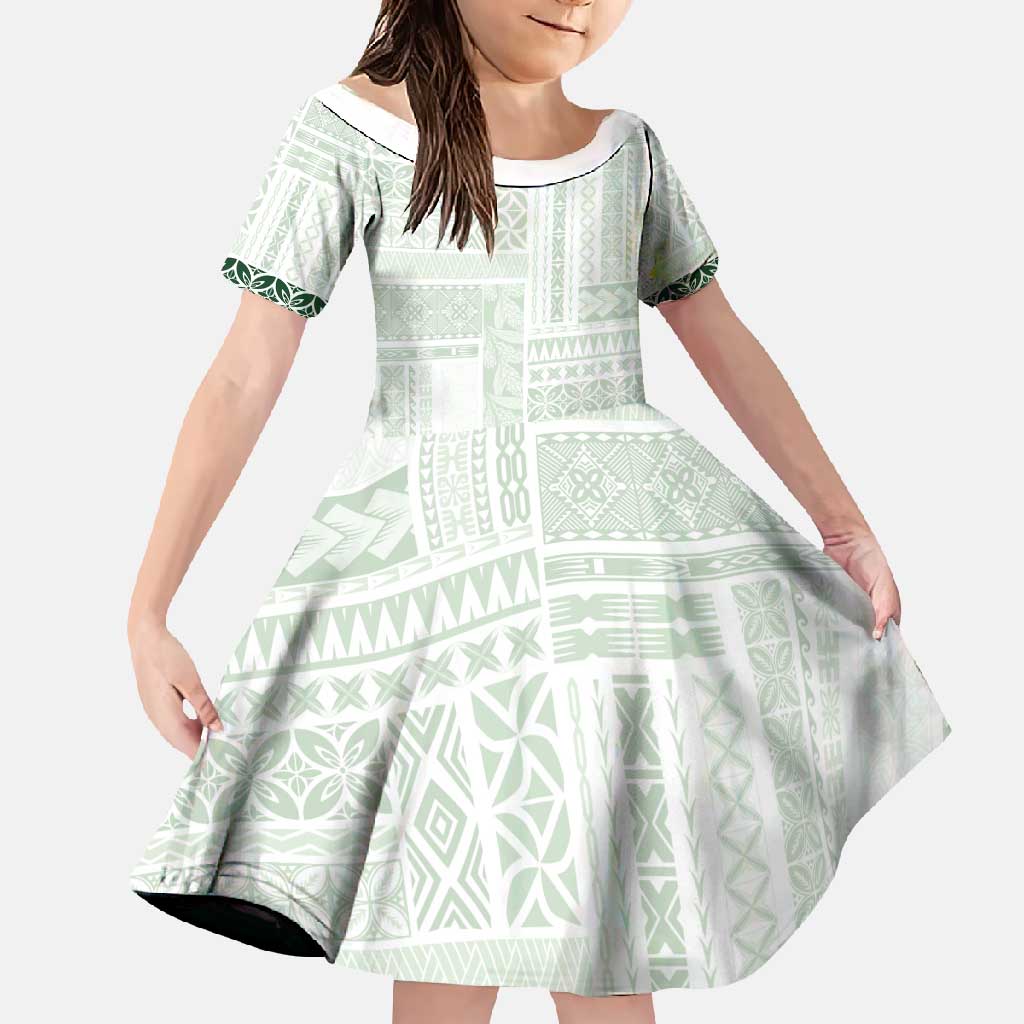 Samoa Siapo Green Trimmed Family Matching Long Sleeve Bodycon Dress and Hawaiian Shirt Samoa White Sunday - Polynesian Pride