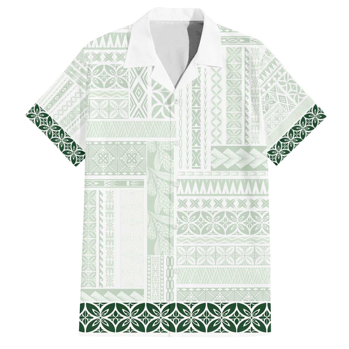 Samoa Siapo Green Trimmed Family Matching Off The Shoulder Long Sleeve Dress and Hawaiian Shirt Samoa White Sunday - Polynesian Pride